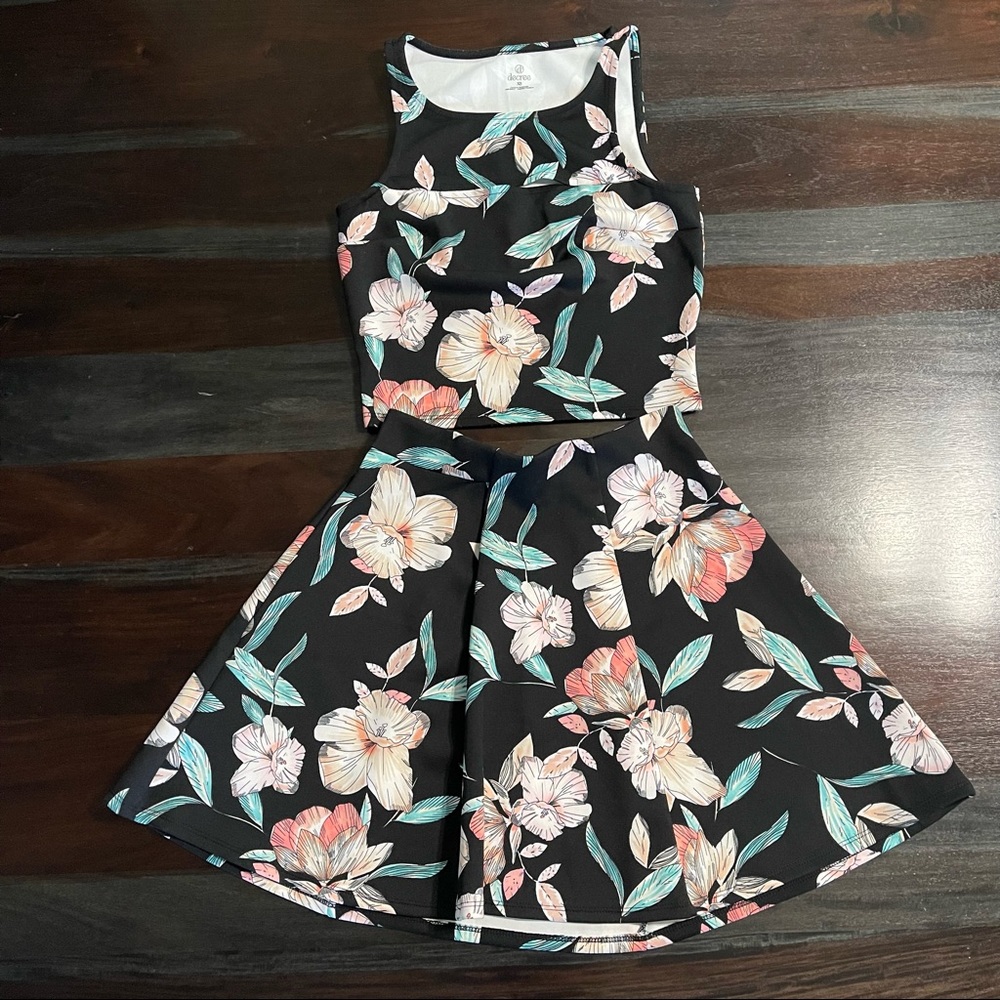 Decree swimwear, black floral, XS top and S skirt